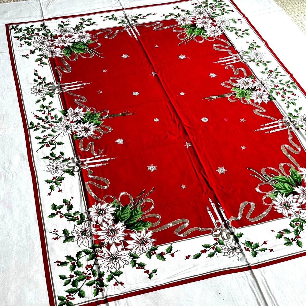 Vintage 50's Christmas tablecloth flaws stains holes cutter cloth for crafts?